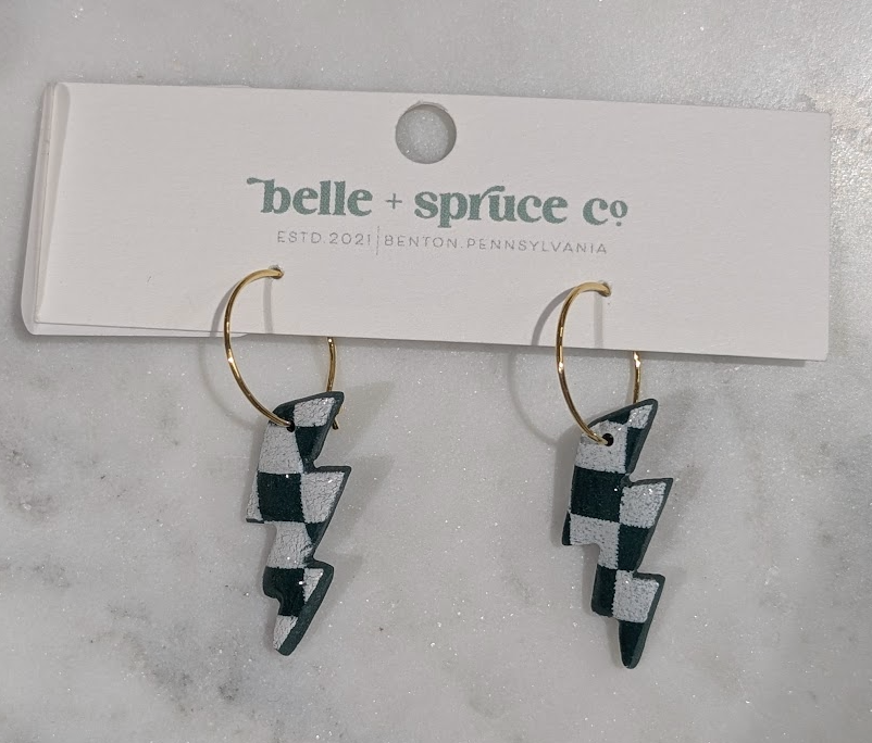 Green and White Checkered Lightning Bolt Earrings