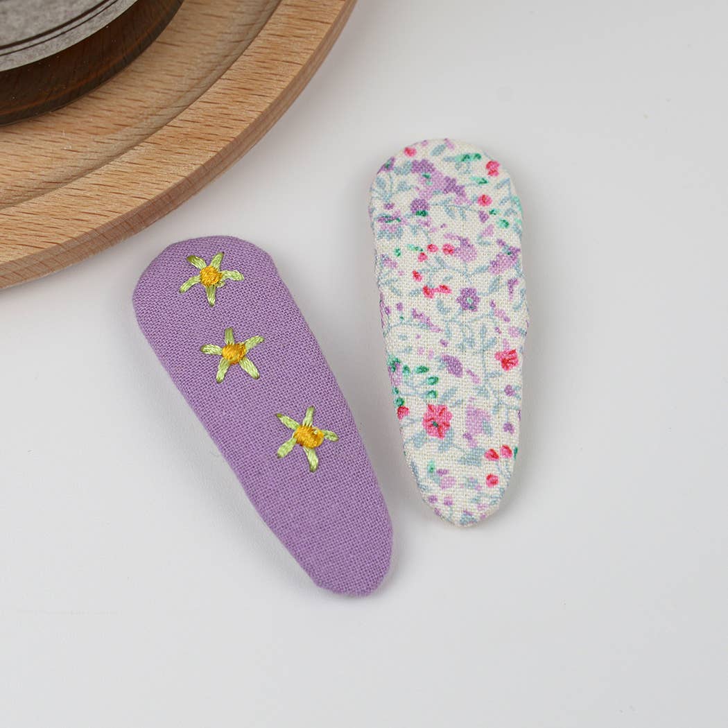 Embroidered Floral Snap Hair Clips Set