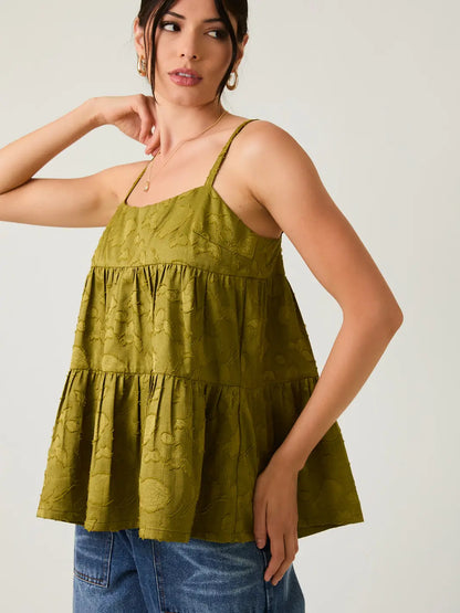 Sleeveless Tiered Jacquard Woven Green Tank Top