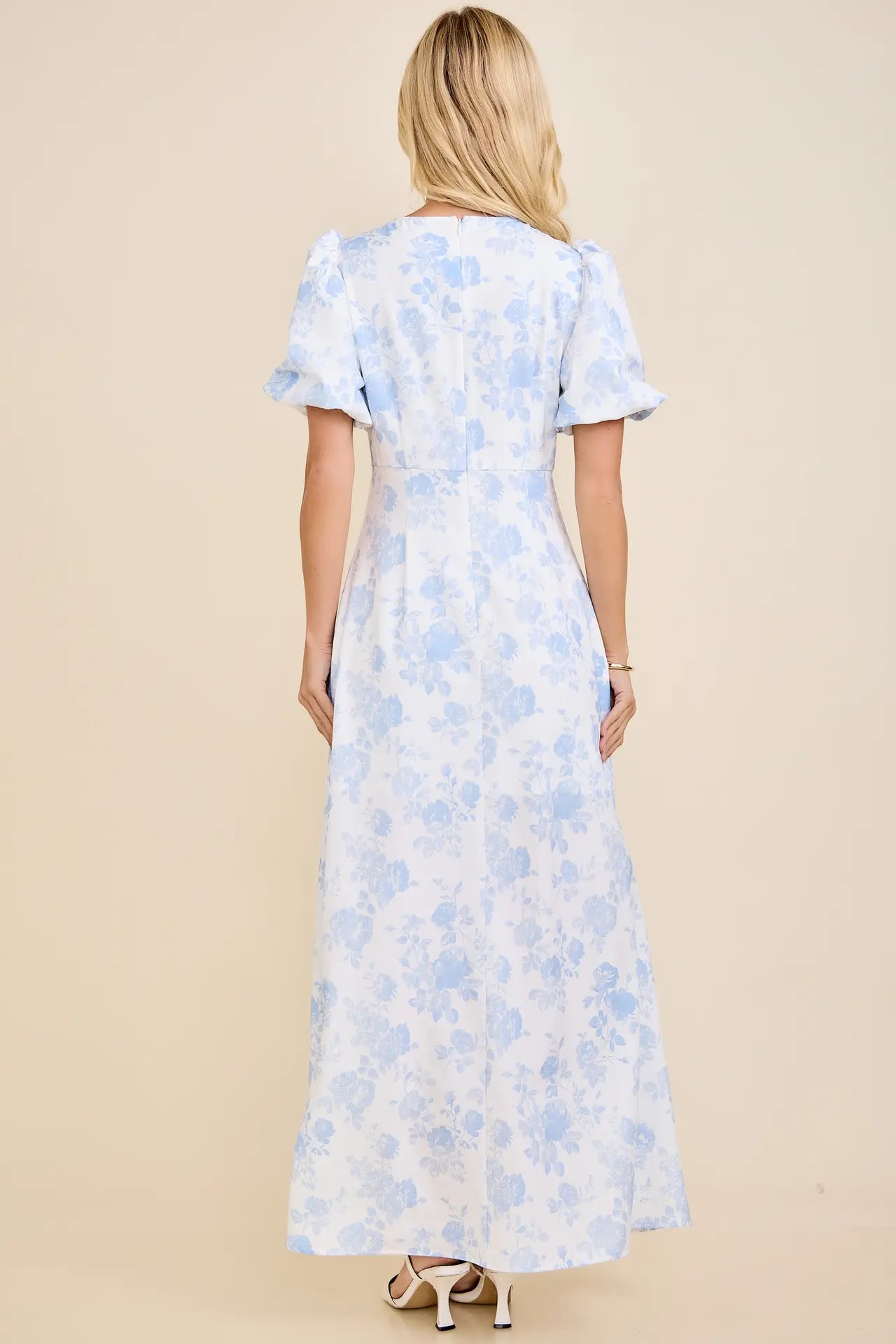 Contrast Binding Floral Toile Print Bubble Sleeve Maxi Dress