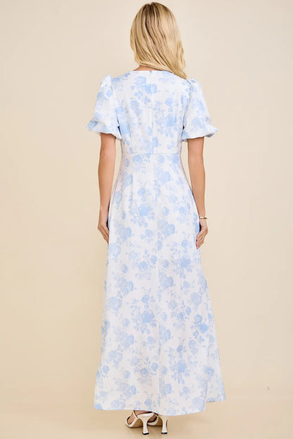 Contrast Binding Floral Toile Print Bubble Sleeve Maxi Dress