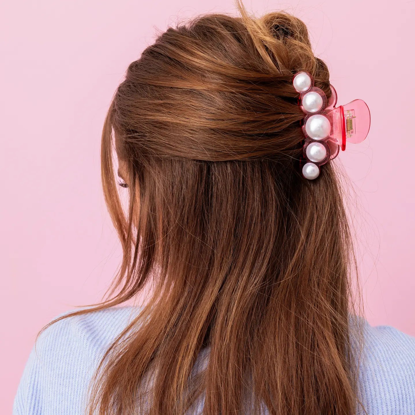 Claw Hair Clip - Large - Translucent Pink w/ Pearl Beads