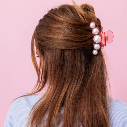 Claw Hair Clip - Large - Translucent Pink w/ Pearl Beads