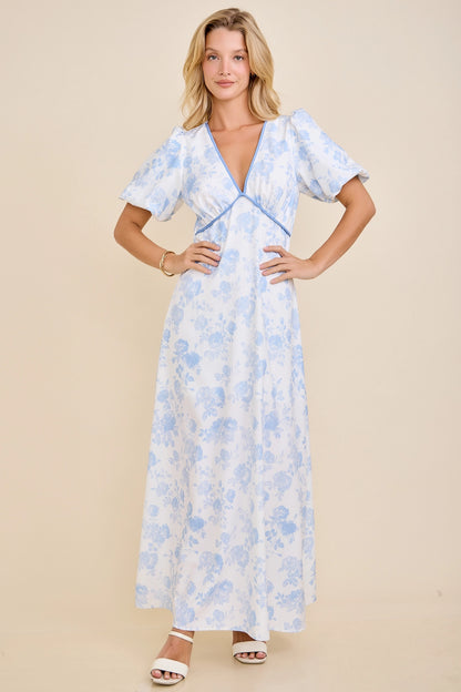 Contrast Binding Floral Toile Print Bubble Sleeve Maxi Dress