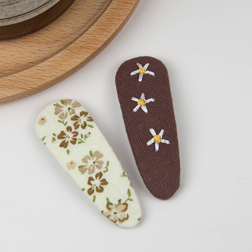 Embroidered Floral Snap Hair Clips Set