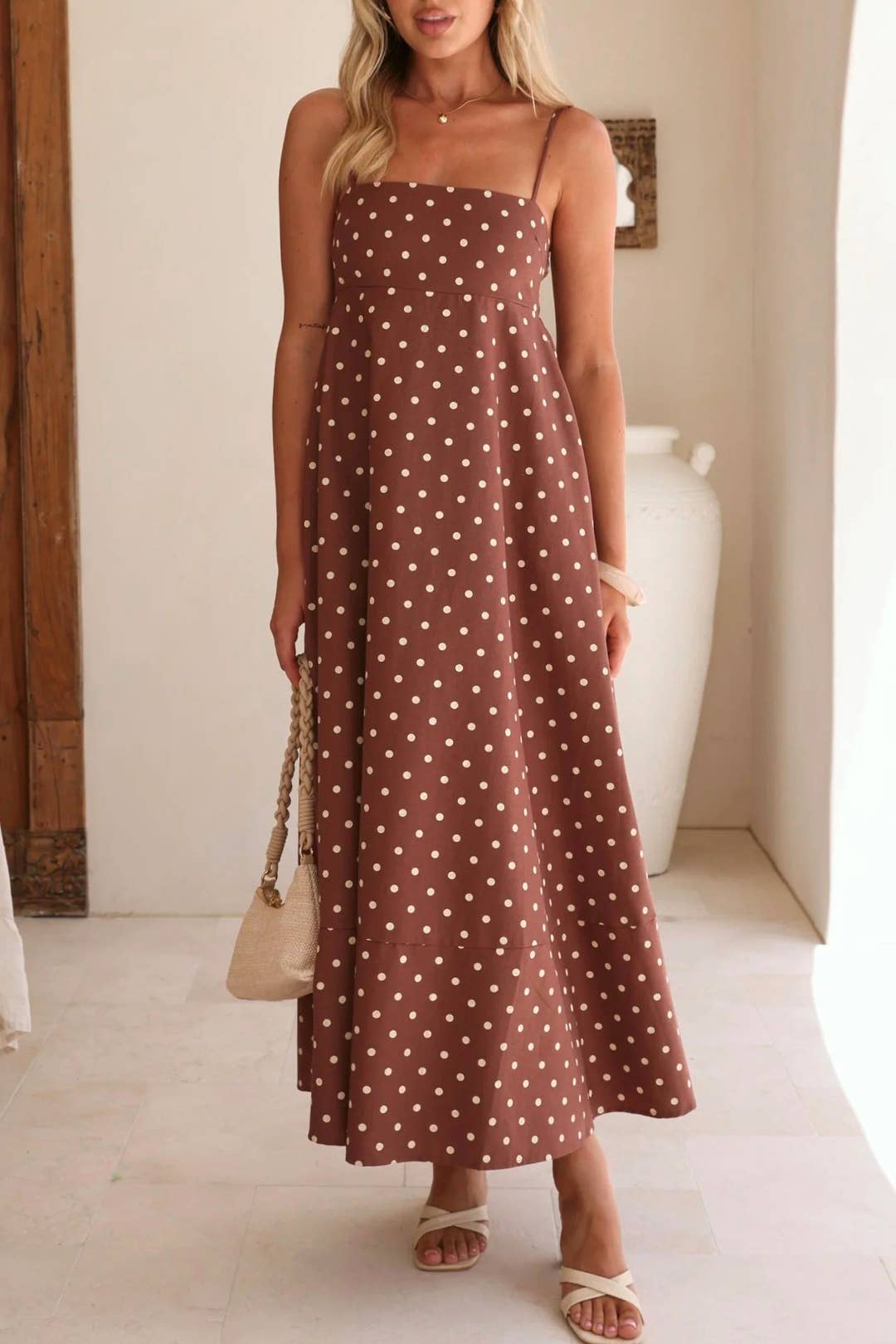 Polka dot Full A-line skirt maxi strappy dress