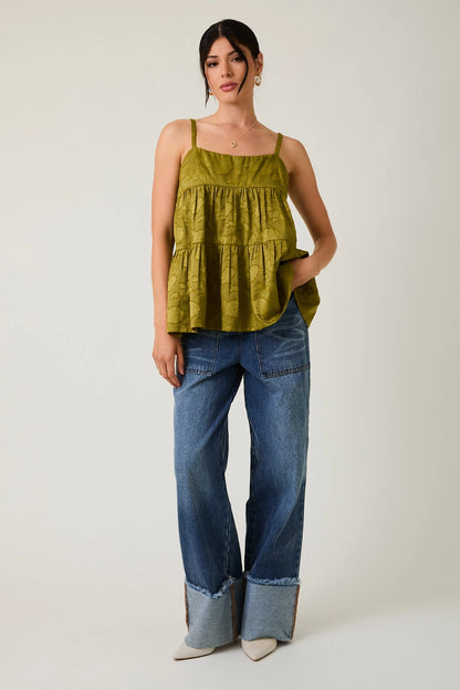 Sleeveless Tiered Jacquard Woven Green Tank Top