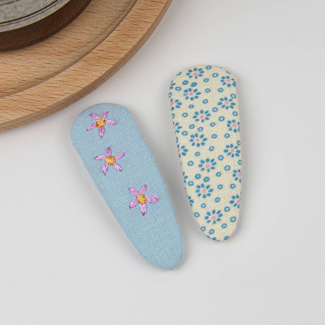 Embroidered Floral Snap Hair Clips Set