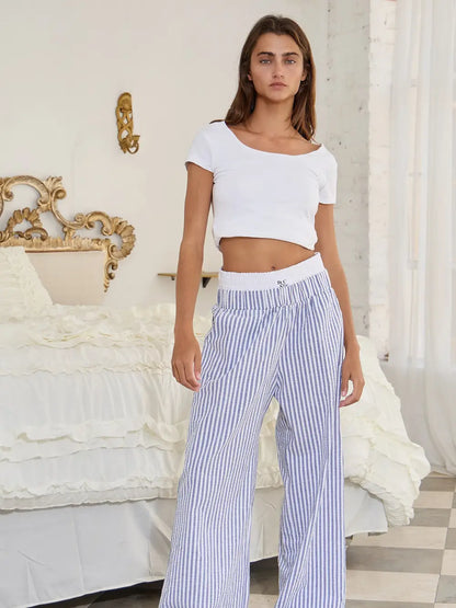 Striped Seersucker Double Banded Exposed Boxer Pants