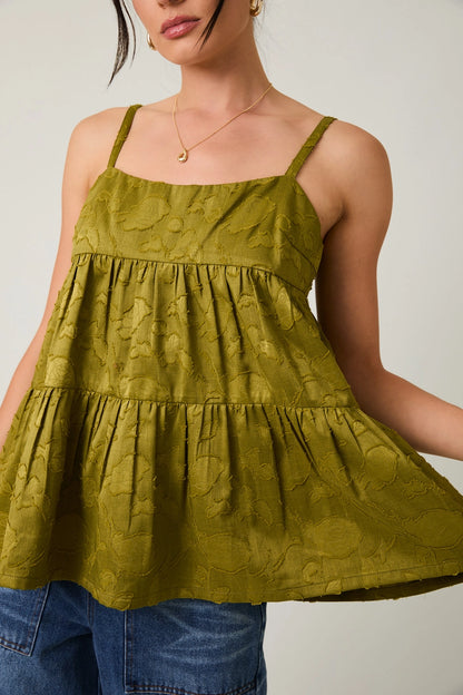 Sleeveless Tiered Jacquard Woven Green Tank Top