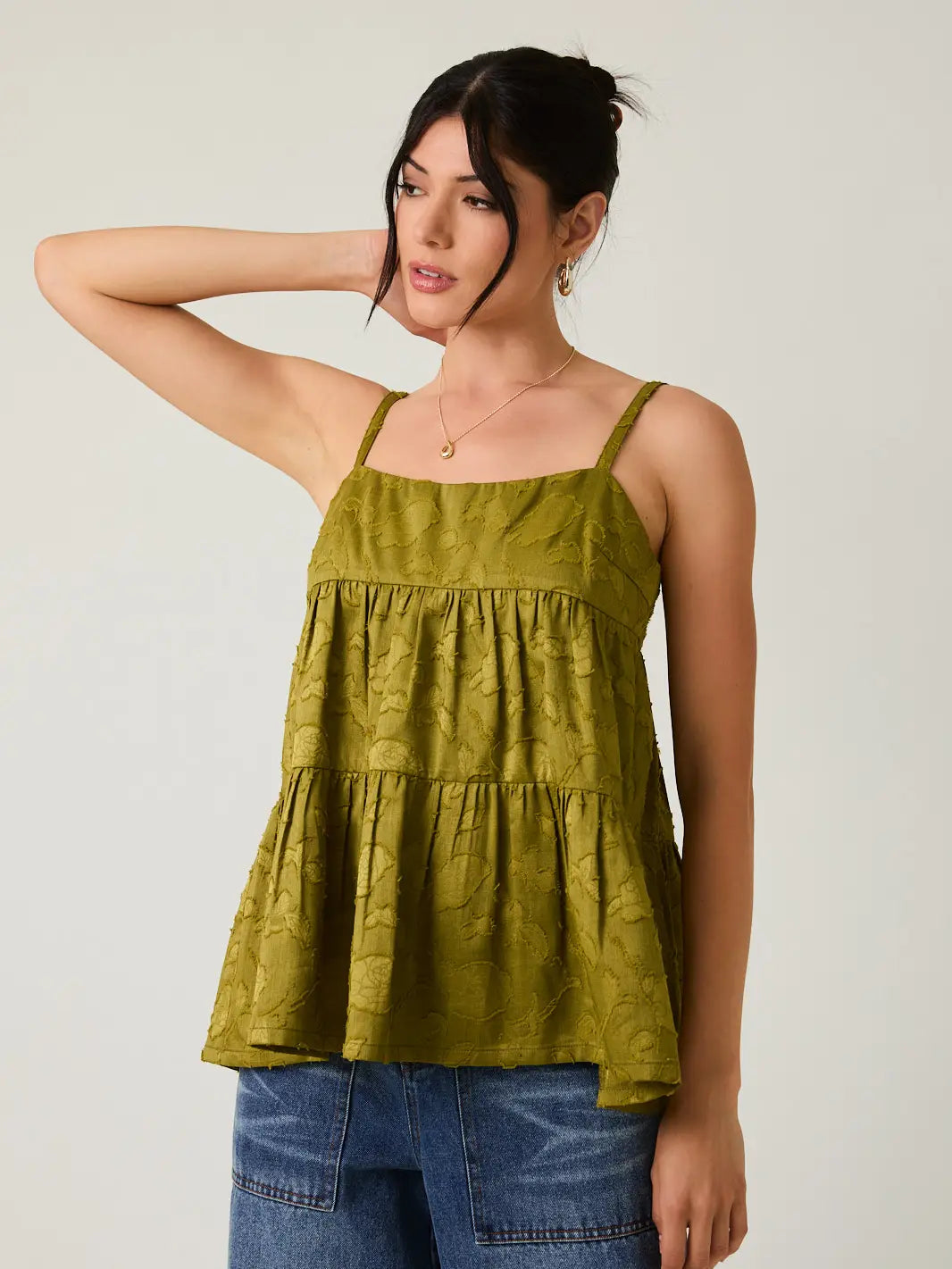 Sleeveless Tiered Jacquard Woven Green Tank Top