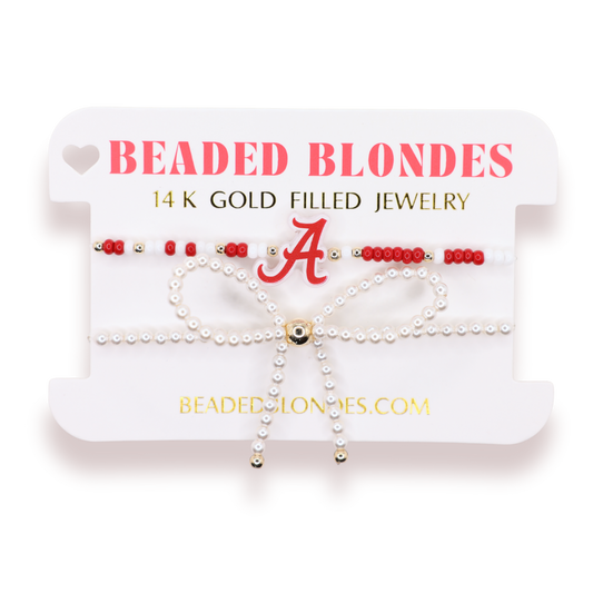 Alabama Logo Bracelet + Pearl Bow Stack of 2