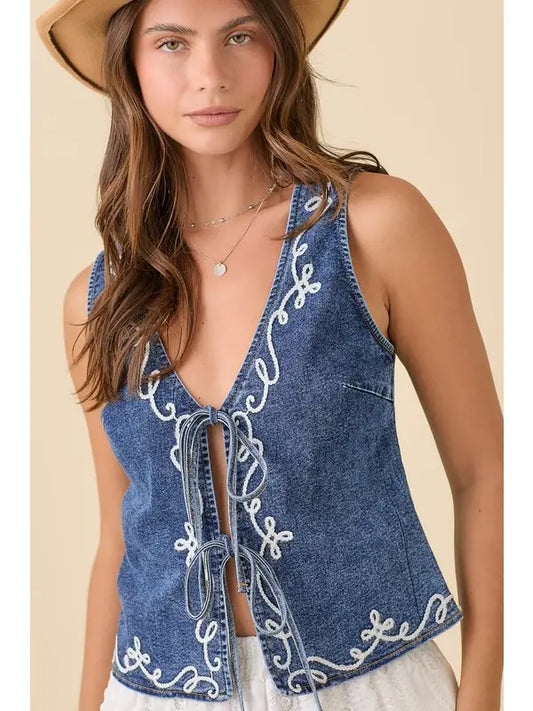 Denim Vest with Front Tie Strap and Embroidery