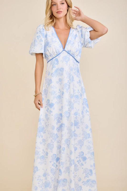 Contrast Binding Floral Toile Print Bubble Sleeve Maxi Dress