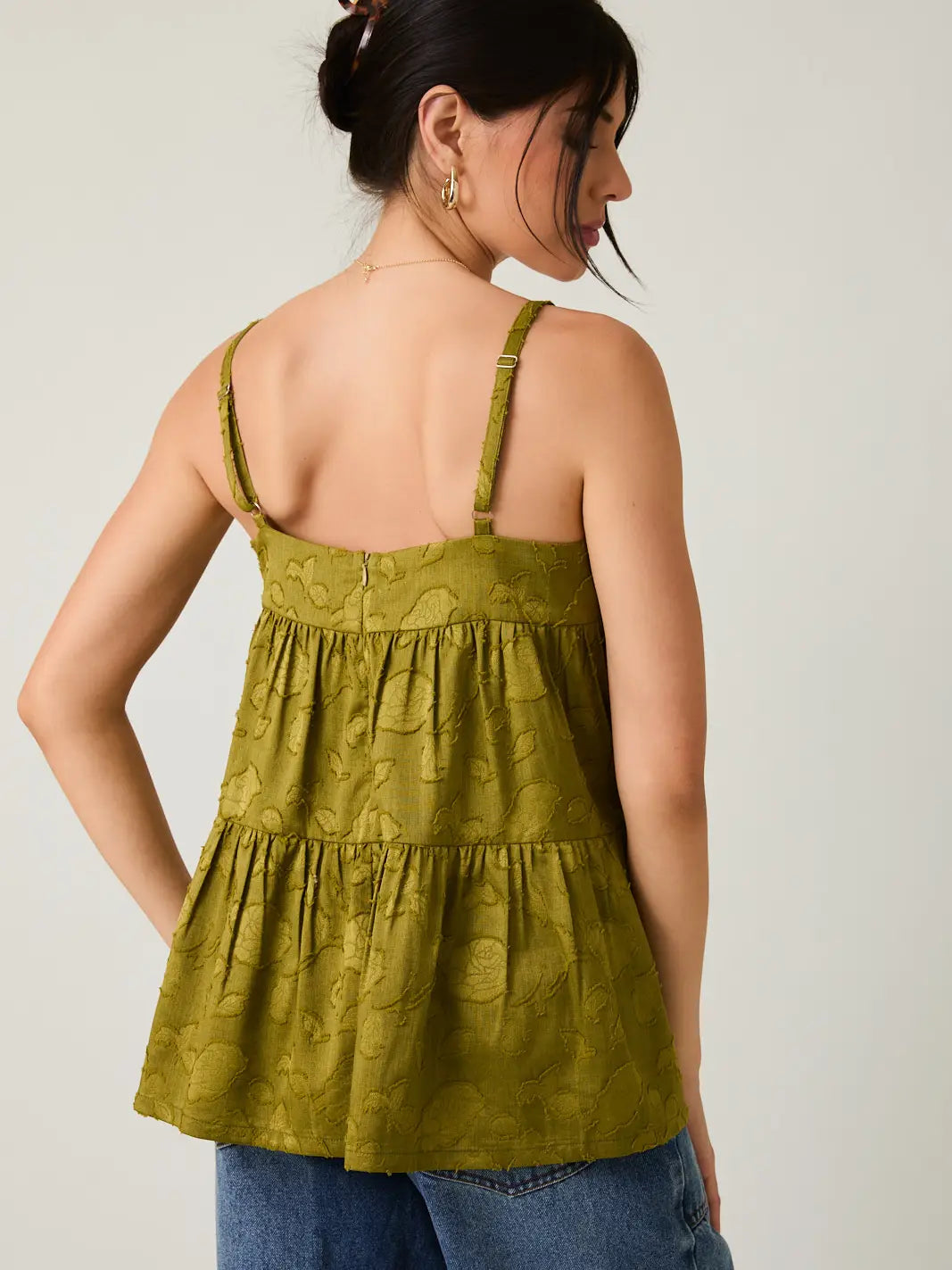 Sleeveless Tiered Jacquard Woven Green Tank Top