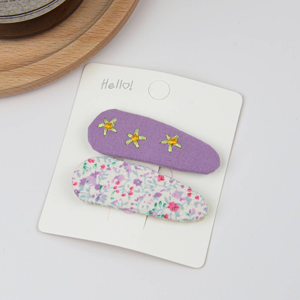 Embroidered Floral Snap Hair Clips Set