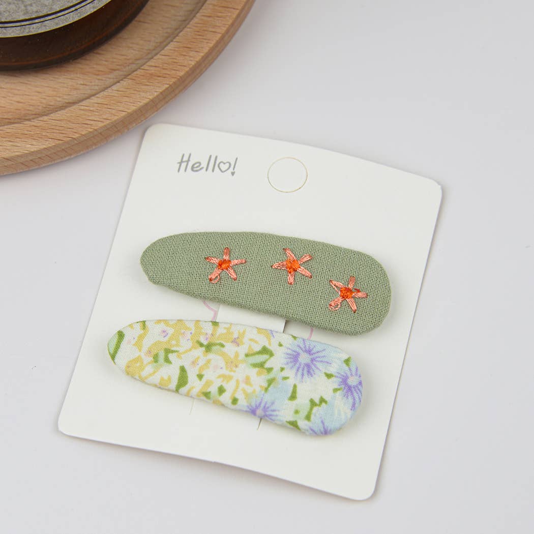 Embroidered Floral Snap Hair Clips Set