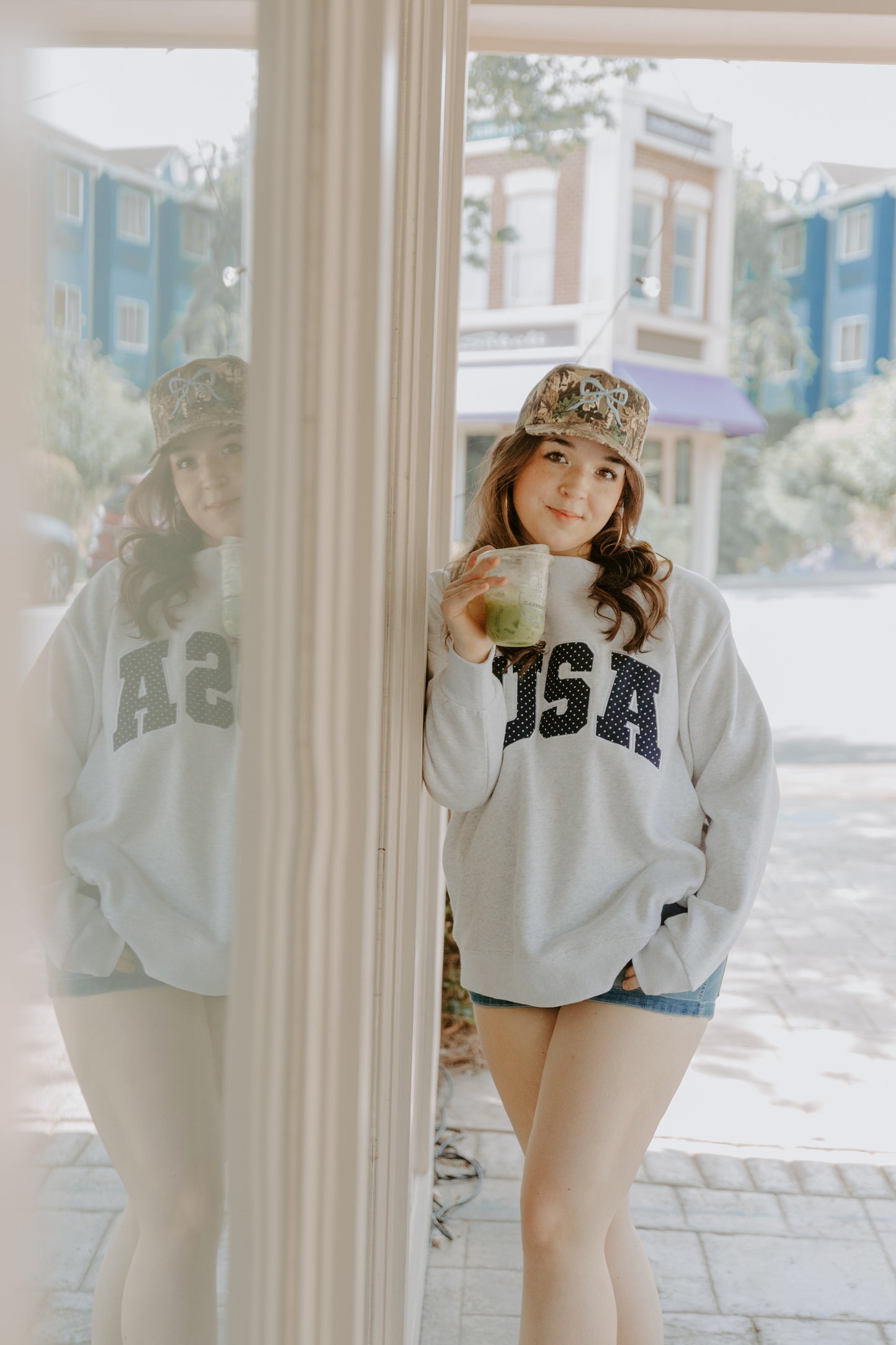 Pearl Grey Navy Blue Polka Dot USA Mockneck Sweatshirt