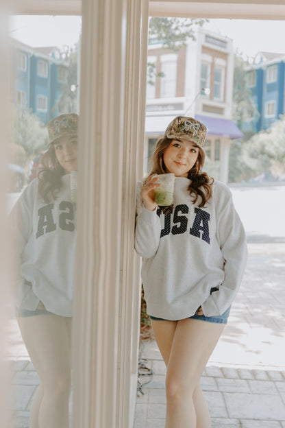 Pearl Grey Navy Blue Polka Dot USA Mockneck Sweatshirt