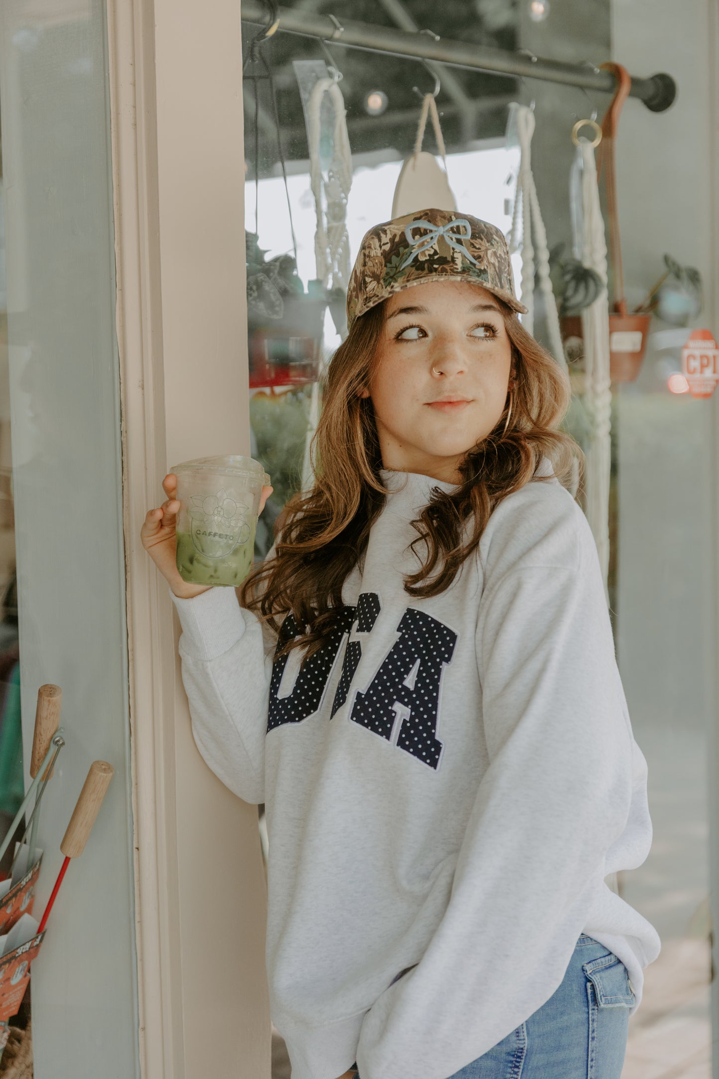 Pearl Grey Navy Blue Polka Dot USA Mockneck Sweatshirt