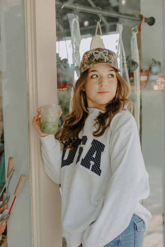 Pearl Grey Navy Blue Polka Dot USA Mockneck Sweatshirt