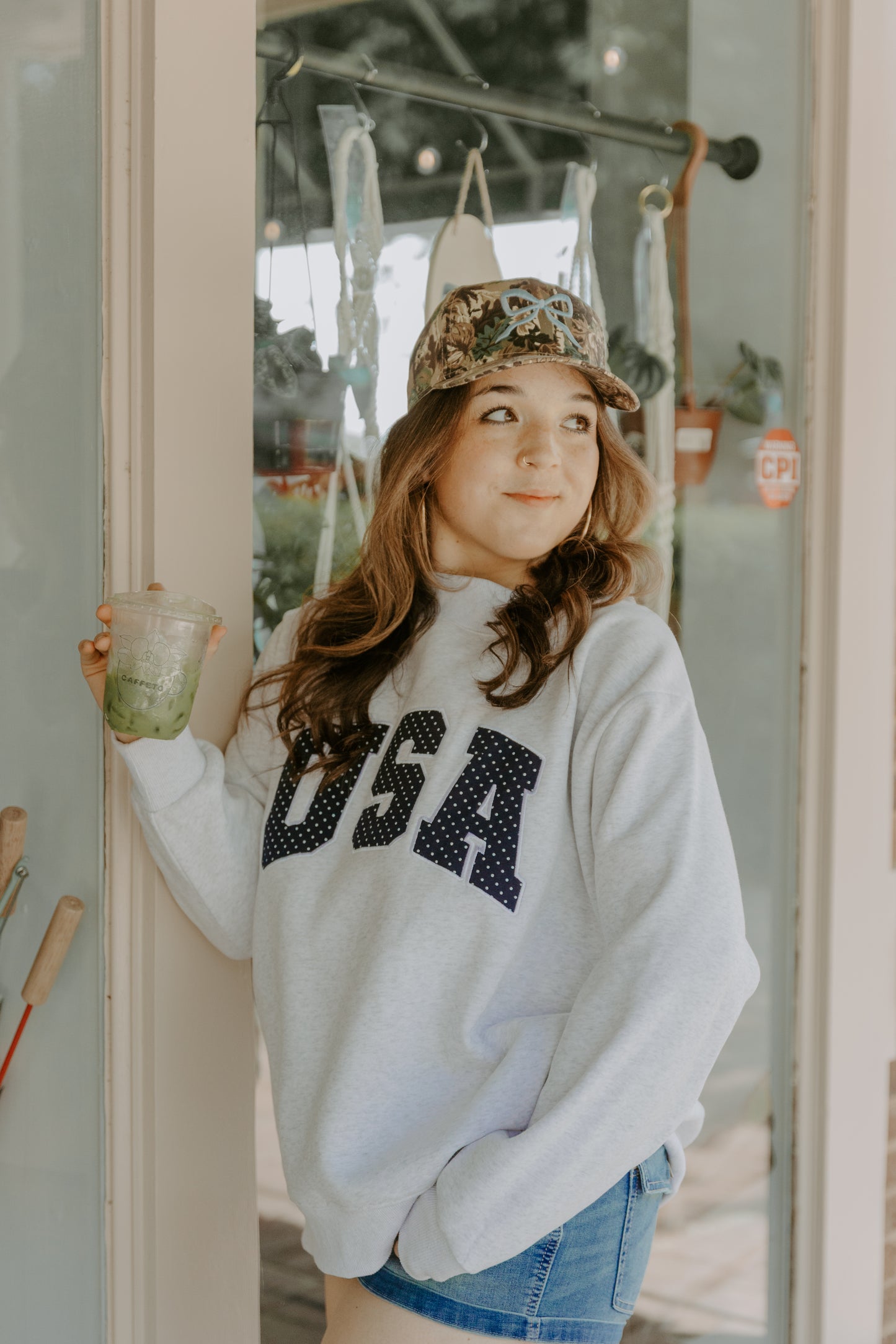 Pearl Grey Navy Blue Polka Dot USA Mockneck Sweatshirt