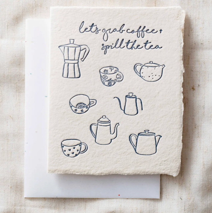 Grab Coffee + Spill Tea | Tea Set Coffee Mugs Greeting Card