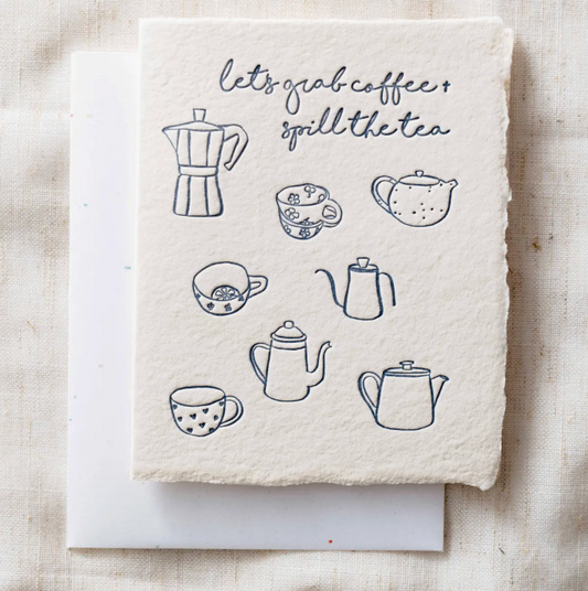 Grab Coffee + Spill Tea | Tea Set Coffee Mugs Greeting Card