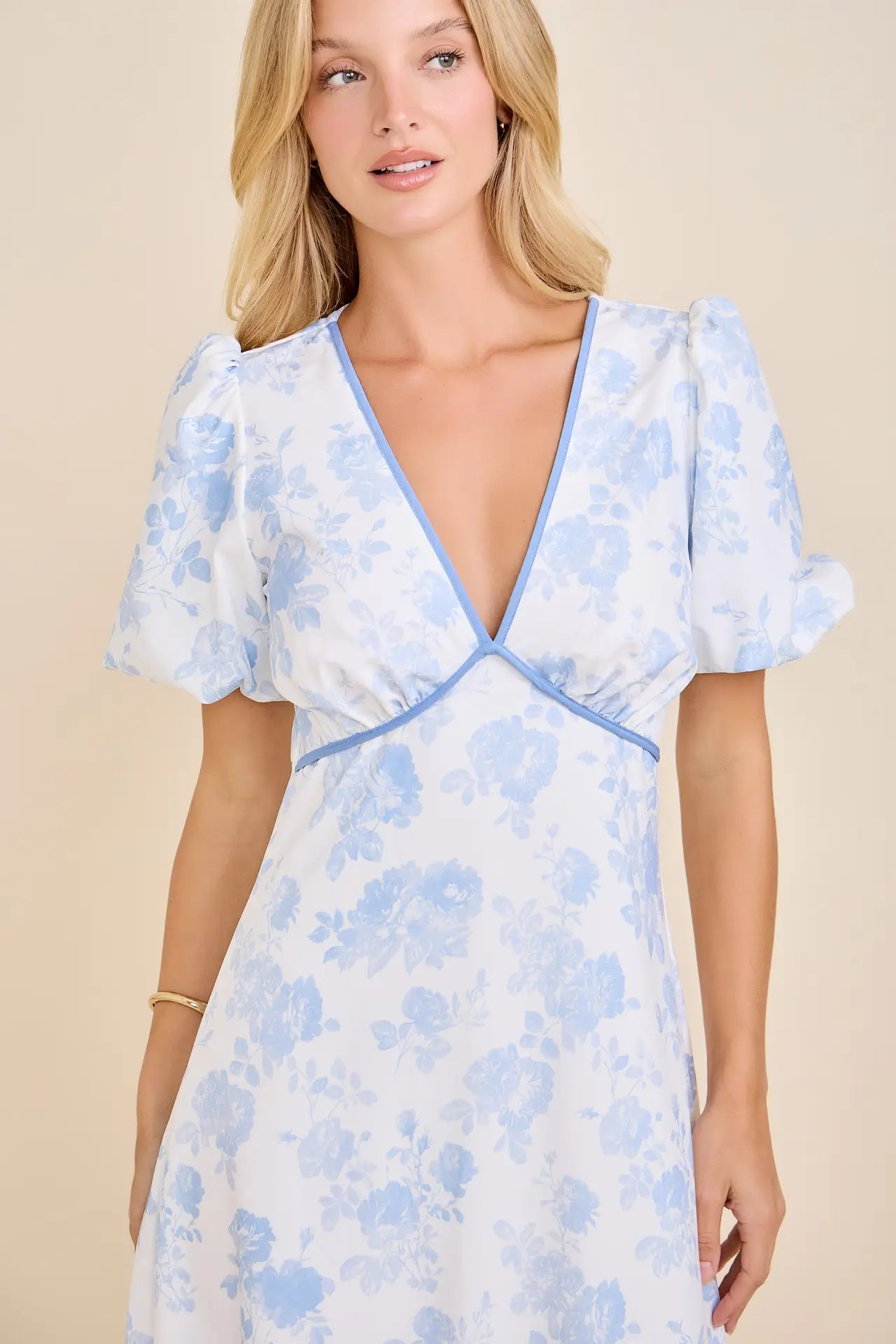 Contrast Binding Floral Toile Print Bubble Sleeve Maxi Dress