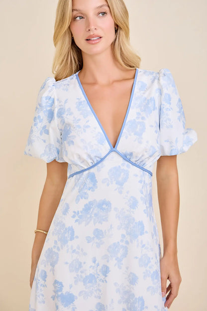 Contrast Binding Floral Toile Print Bubble Sleeve Maxi Dress