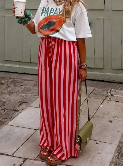 Multi Color Boho Beach Vertical Stripe Lace-Up Pants