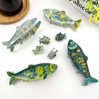 Green Sardine Hair Claw Clip with Seaweed Detail