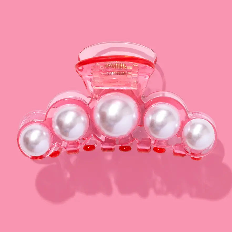 Claw Hair Clip - Large - Translucent Pink w/ Pearl Beads