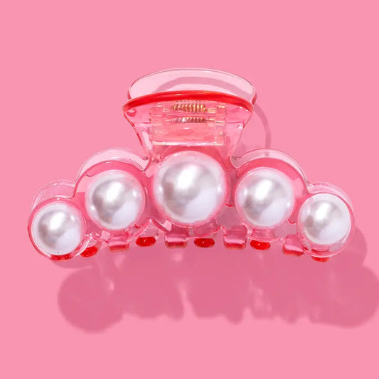 Claw Hair Clip - Large - Translucent Pink w/ Pearl Beads