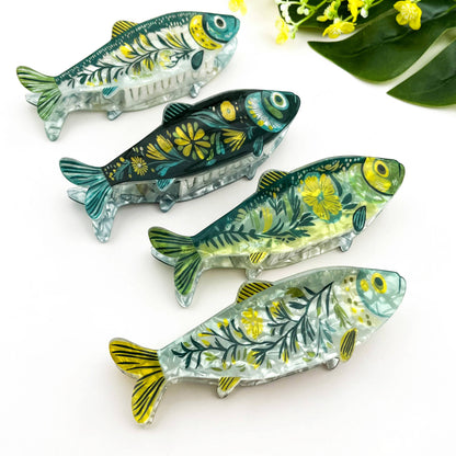 Green Sardine Hair Claw Clip with Seaweed Detail