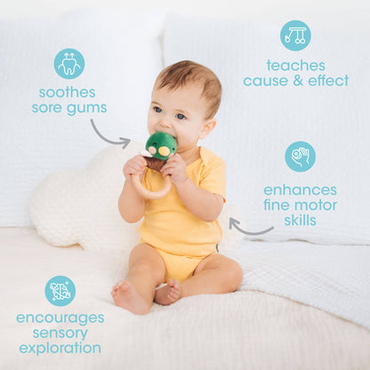Mallard Duck Wooden & Plush Baby Teether Toy