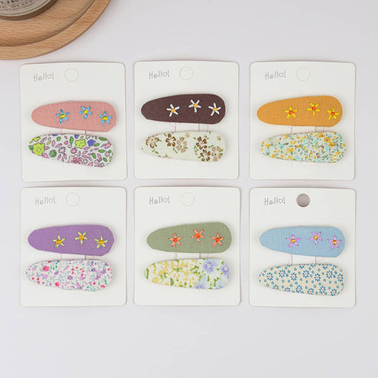 Embroidered Floral Snap Hair Clips Set