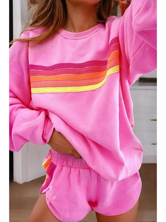 Color Contrast Trim Long Sleeve Top and Shorts Set