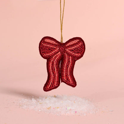 Handcrafted Beaded Ornament-Red Bow