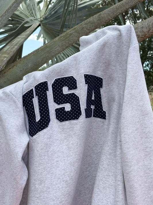 Pearl Grey Navy Blue Polka Dot USA Mockneck Sweatshirt