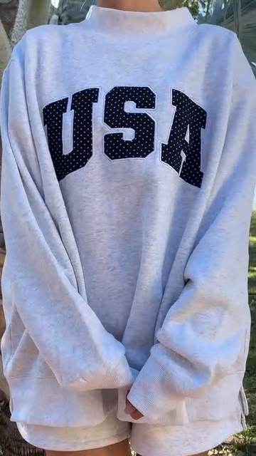 Pearl Grey Navy Blue Polka Dot USA Mockneck Sweatshirt